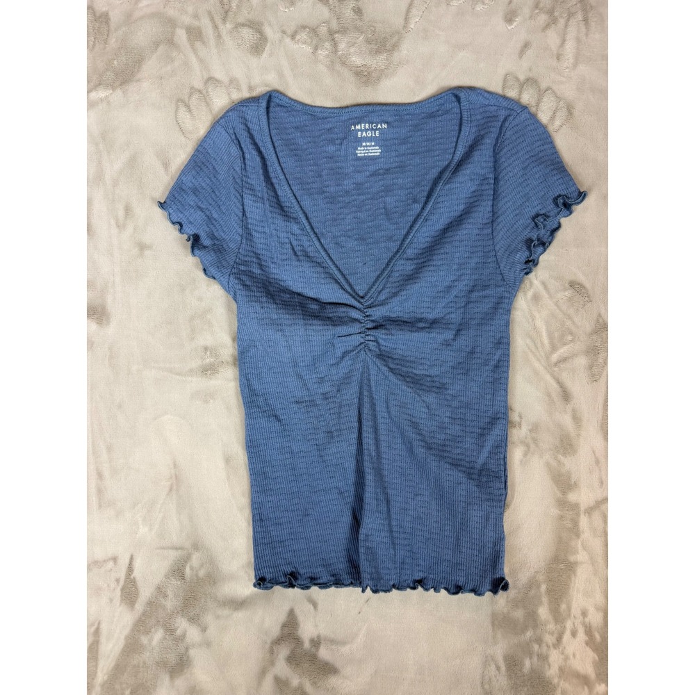 American Eagle Blue Waffle Knit Cinched V-Neck Lettuce Edge Top Medium